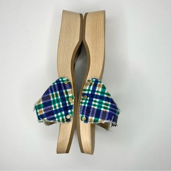 GANNI x Dr. Scholl's Blue Plaid Buckle Wooden Clog Slides Sandals Retro NEW - Picture 8 of 14